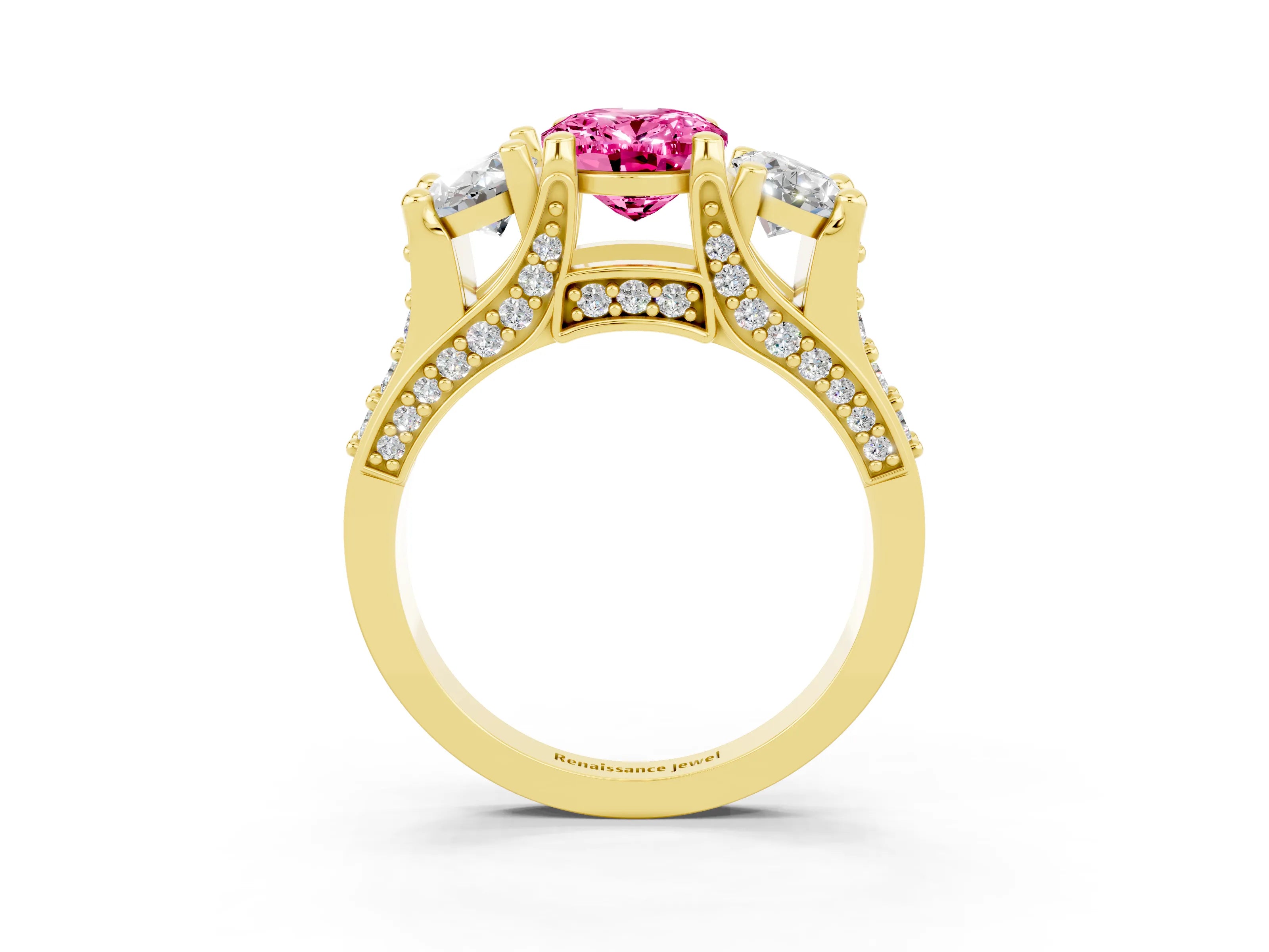 Yellow gold Oval Cut Pink Sapphire Three-Stone Ring with Channel Set Band and Four-Prong Setting_3