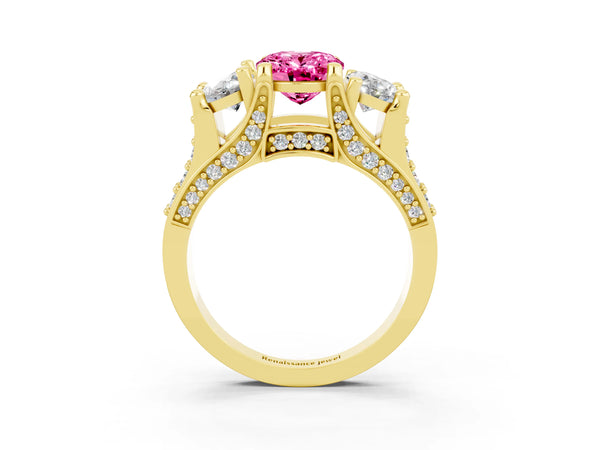 Yellow gold Oval Cut Pink Sapphire Three-Stone Ring with Channel Set Band and Four-Prong Setting