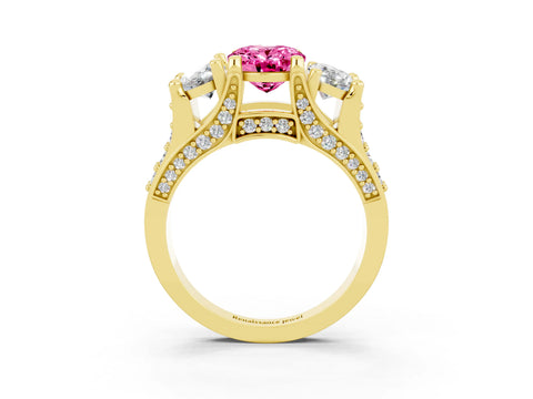 Yellow gold Oval Cut Pink Sapphire Three-Stone Ring with Channel Set Band and Four-Prong Setting_3