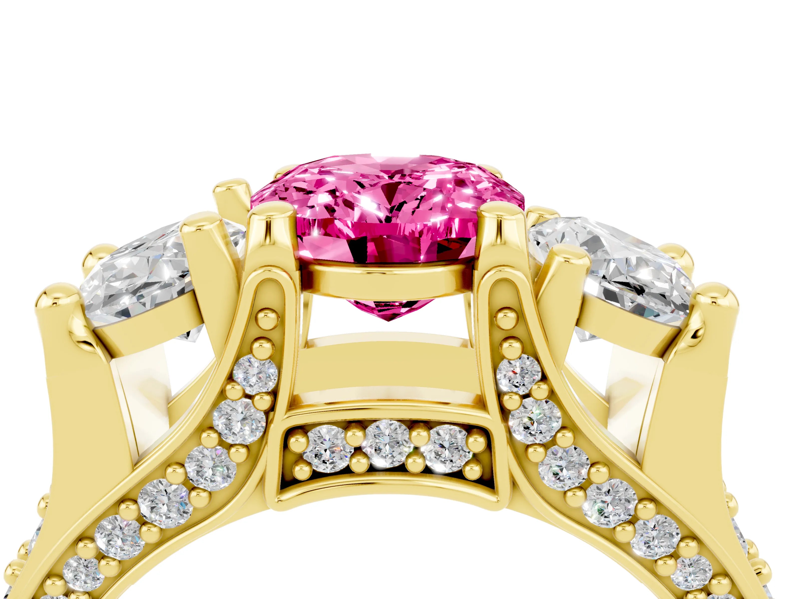 Yellow gold Oval Cut Pink Sapphire Three-Stone Ring with Channel Set Band and Four-Prong Setting_4