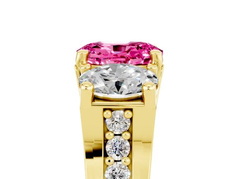 Yellow gold Oval Cut Pink Sapphire Three-Stone Ring with Channel Set Band and Four-Prong Setting_5