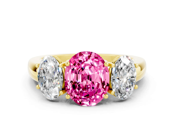 Yellow gold Oval Cut Pink Sapphire Three-Stone Ring with Four-Prong Setting and Classic Band