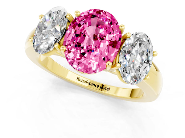 Yellow gold Oval Cut Pink Sapphire Three-Stone Ring with Four-Prong Setting and Classic Band