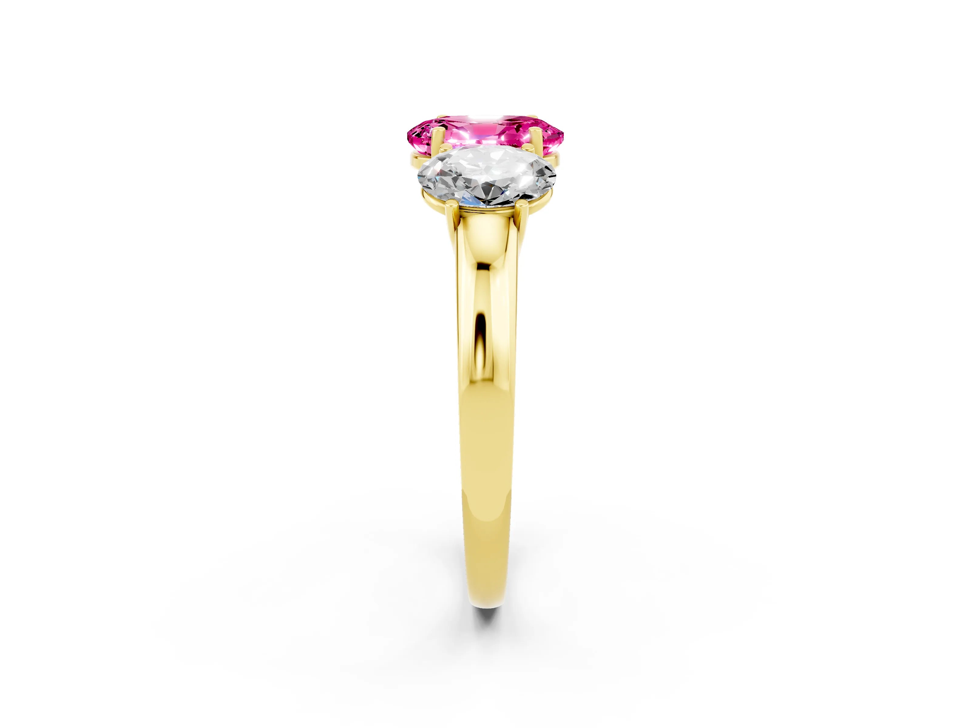 Yellow gold Oval Cut Pink Sapphire Three-Stone Ring with Four-Prong Setting and Classic Band_2