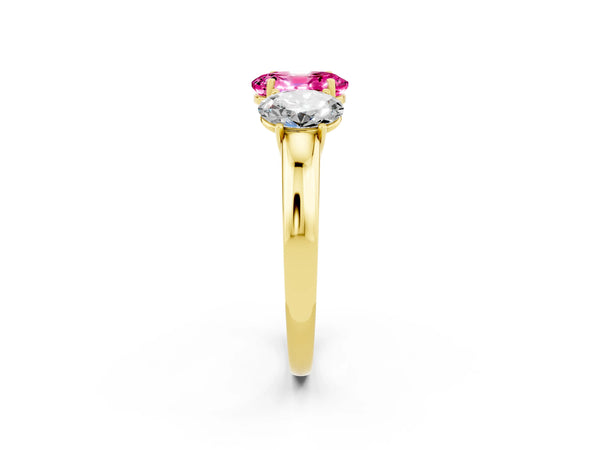 Yellow gold Oval Cut Pink Sapphire Three-Stone Ring with Four-Prong Setting and Classic Band