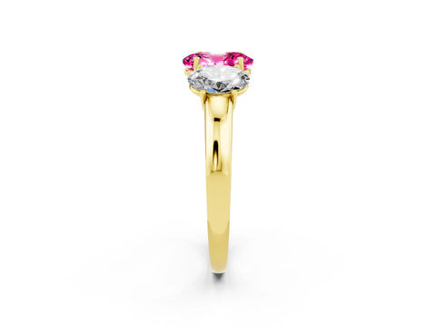 Yellow gold Oval Cut Pink Sapphire Three-Stone Ring with Four-Prong Setting and Classic Band_2