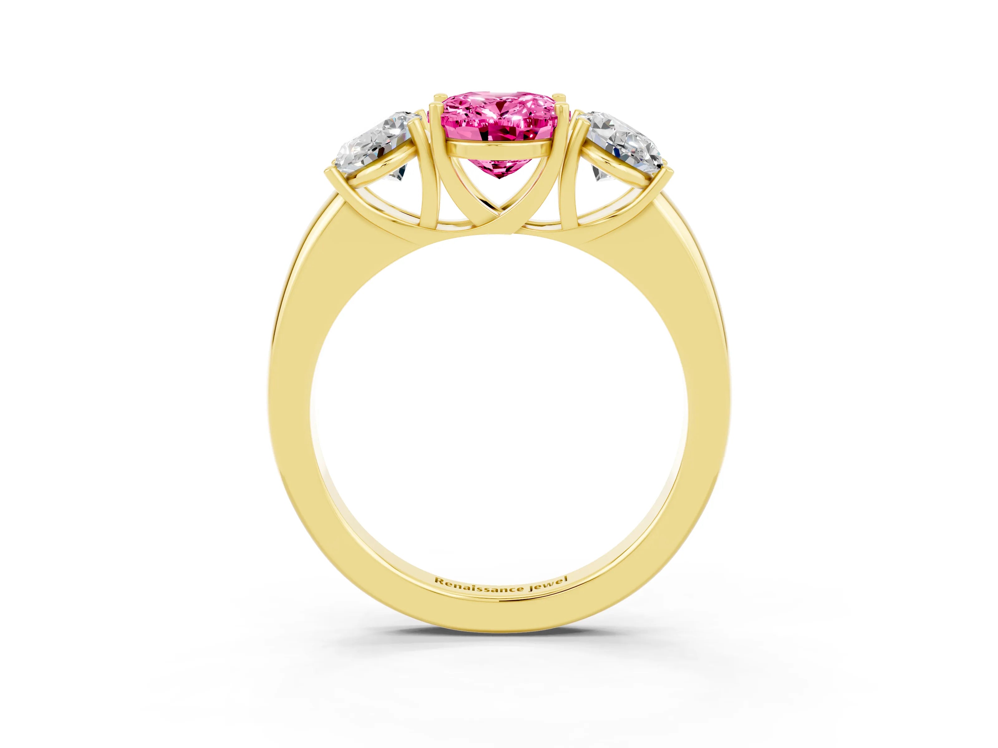 Yellow gold Oval Cut Pink Sapphire Three-Stone Ring with Four-Prong Setting and Classic Band_3