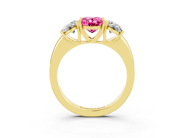 Yellow gold Oval Cut Pink Sapphire Three-Stone Ring with Four-Prong Setting and Classic Band