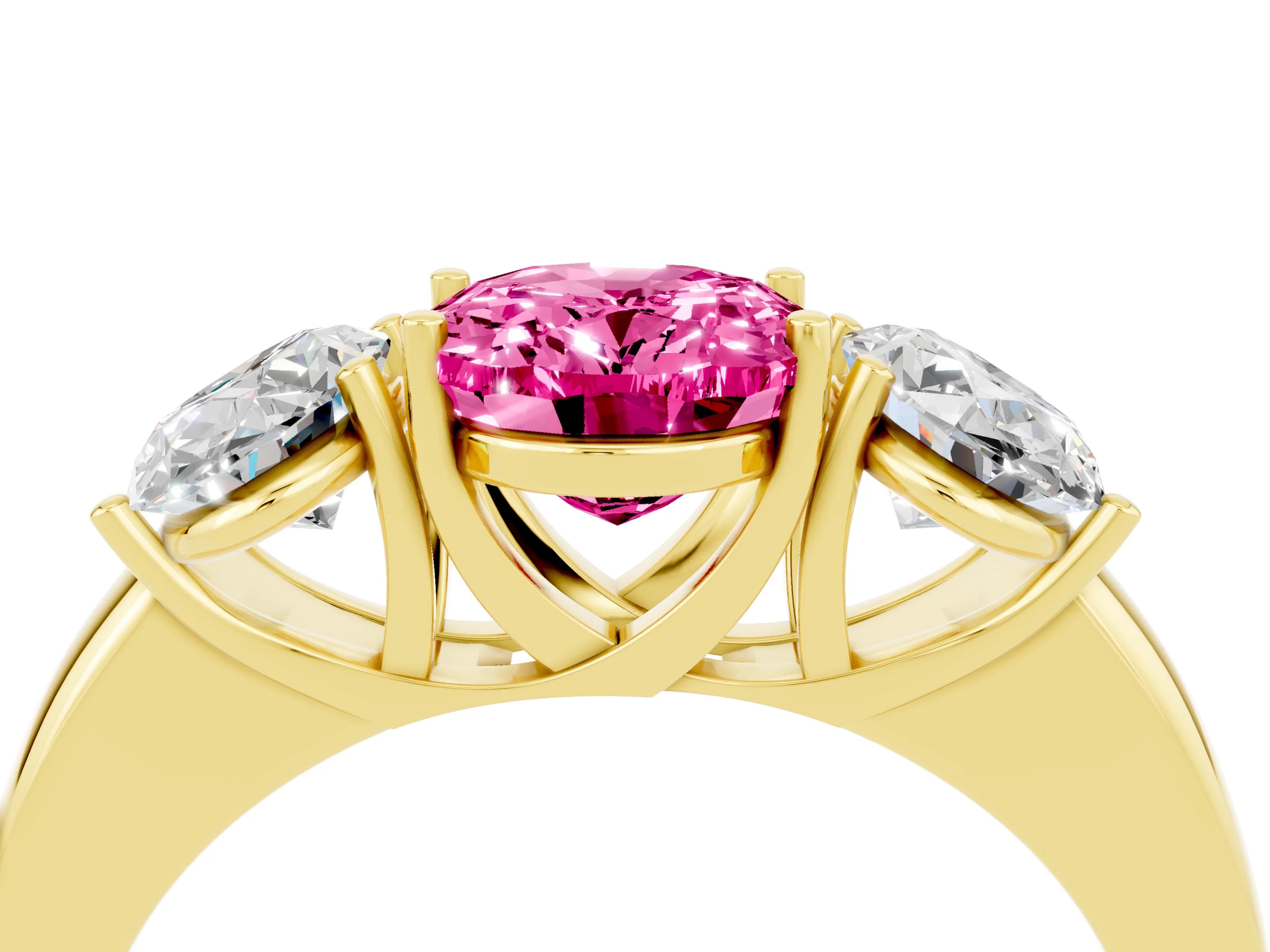 Yellow gold Oval Cut Pink Sapphire Three-Stone Ring with Four-Prong Setting and Classic Band_4