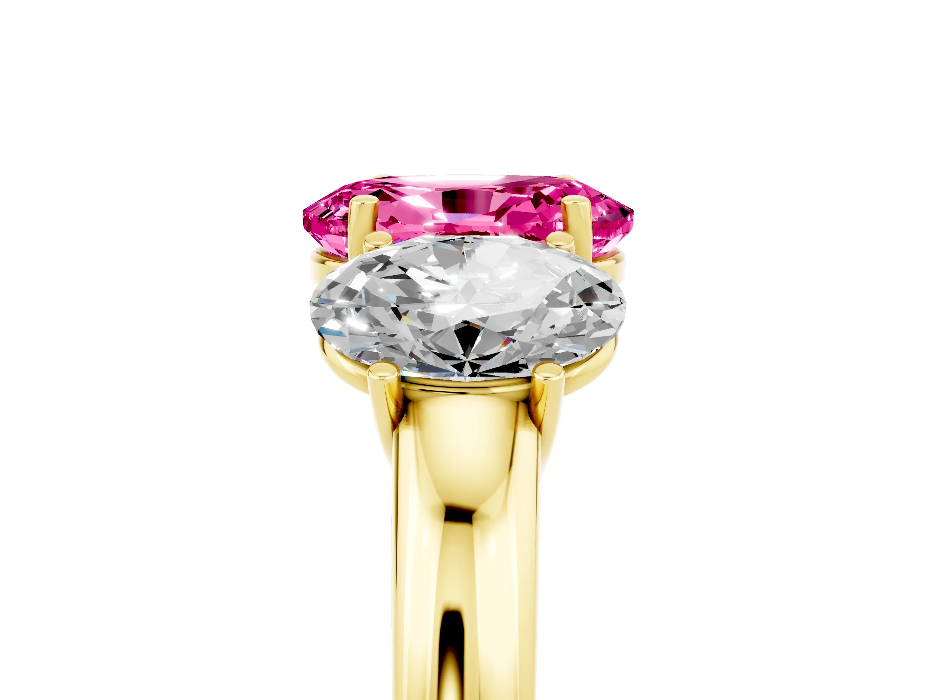 Yellow gold Oval Cut Pink Sapphire Three-Stone Ring with Four-Prong Setting and Classic Band_5