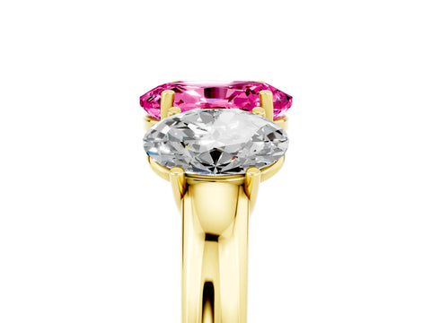 Yellow gold Oval Cut Pink Sapphire Three-Stone Ring with Four-Prong Setting and Classic Band_5