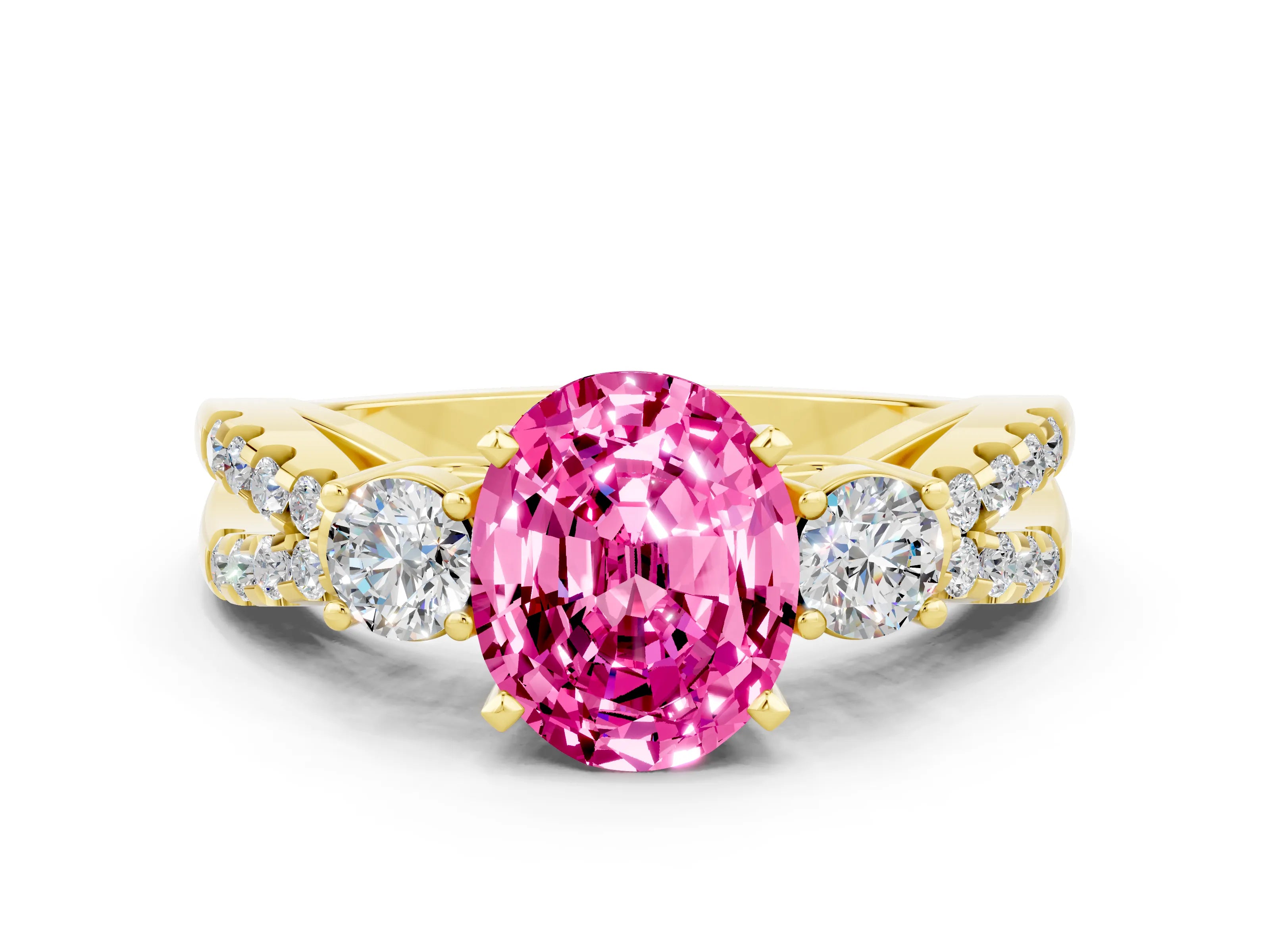 Yellow gold Oval Cut Pink Sapphire Three-Stone Ring with Pavé Split Shank and Four-Prong Setting_36