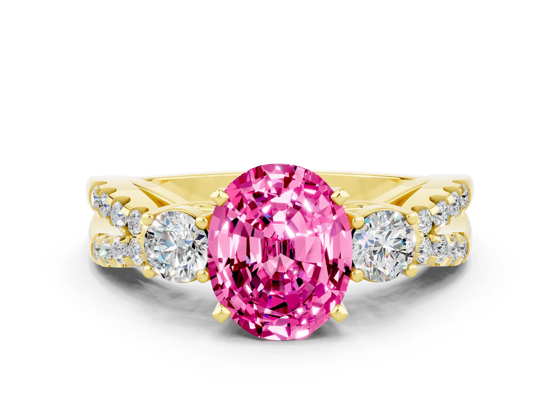 Yellow gold Oval Cut Pink Sapphire Three-Stone Ring with Pavé Split Shank and Four-Prong Setting_36