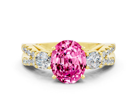 Yellow gold Oval Cut Pink Sapphire Three-Stone Ring with Pavé Split Shank and Four-Prong Setting_36