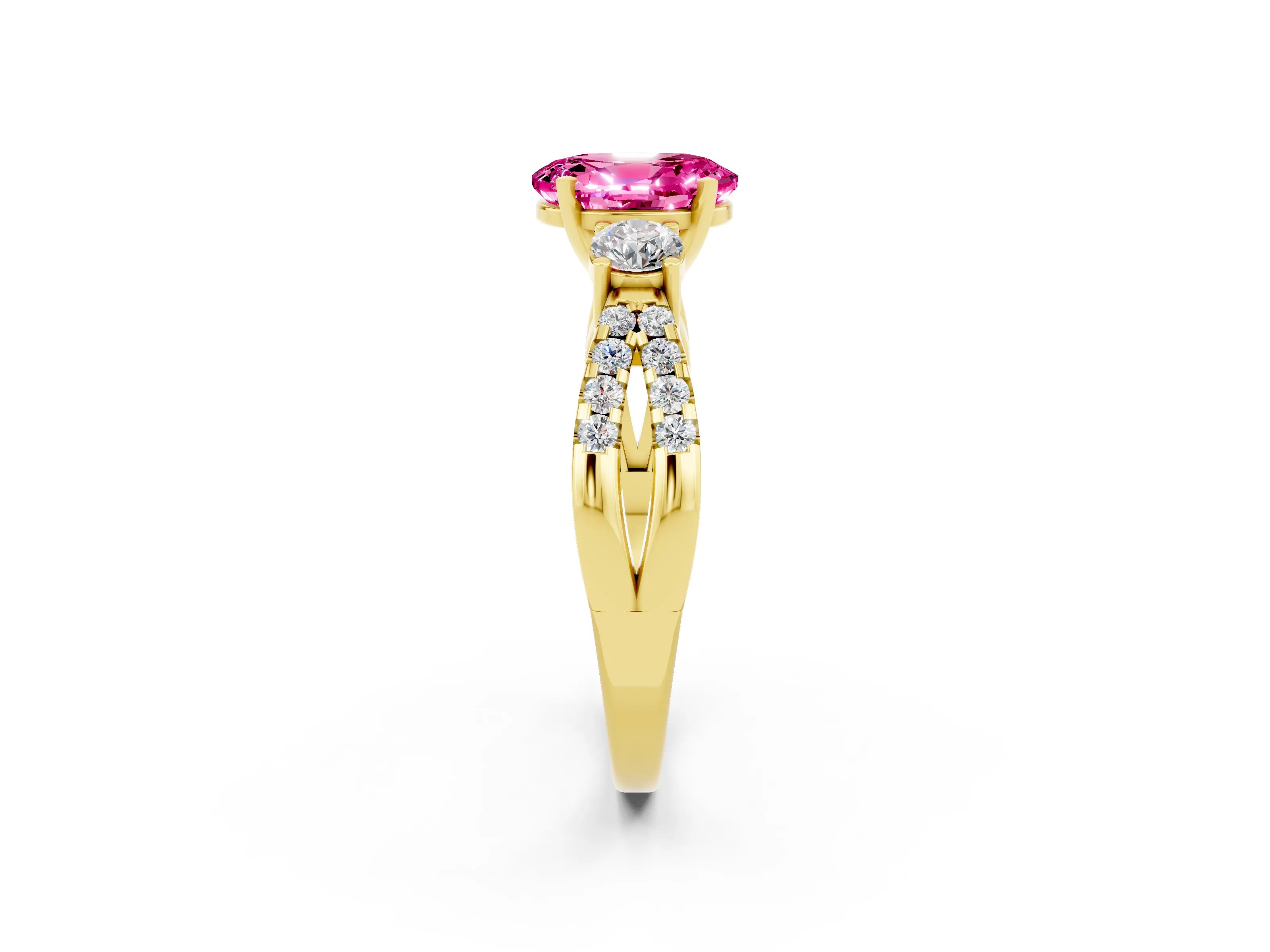 Yellow gold Oval Cut Pink Sapphire Three-Stone Ring with Pavé Split Shank and Four-Prong Setting_38