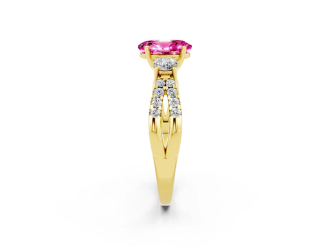 Yellow gold Oval Cut Pink Sapphire Three-Stone Ring with Pavé Split Shank and Four-Prong Setting_38