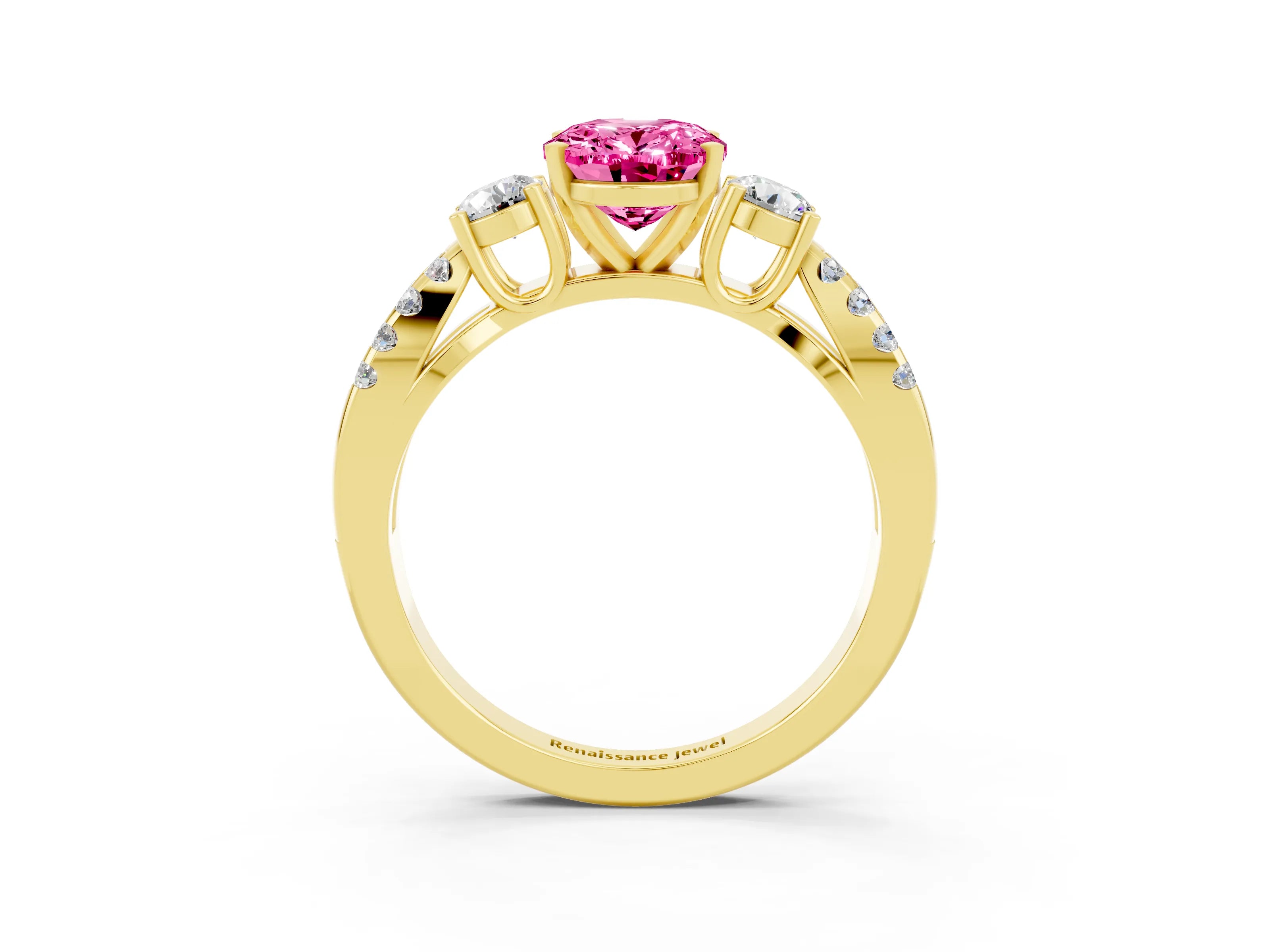 Yellow gold Oval Cut Pink Sapphire Three-Stone Ring with Pavé Split Shank and Four-Prong Setting_39