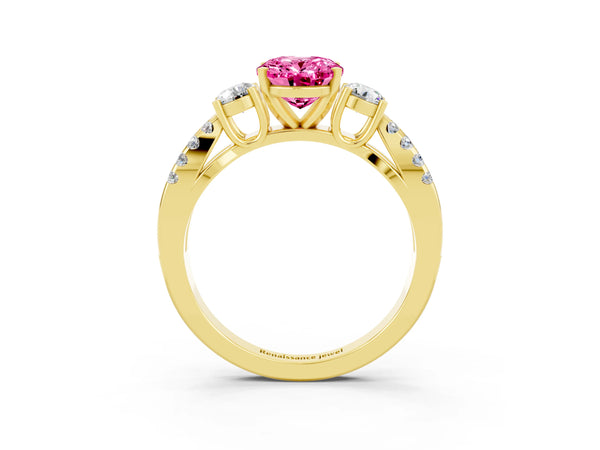 Yellow gold Oval Cut Pink Sapphire Three-Stone Ring with Pavé Split Shank and Four-Prong Setting
