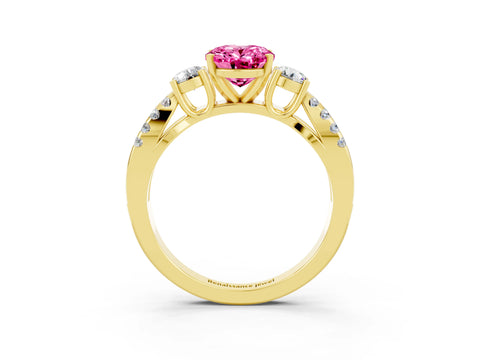 Yellow gold Oval Cut Pink Sapphire Three-Stone Ring with Pavé Split Shank and Four-Prong Setting_39