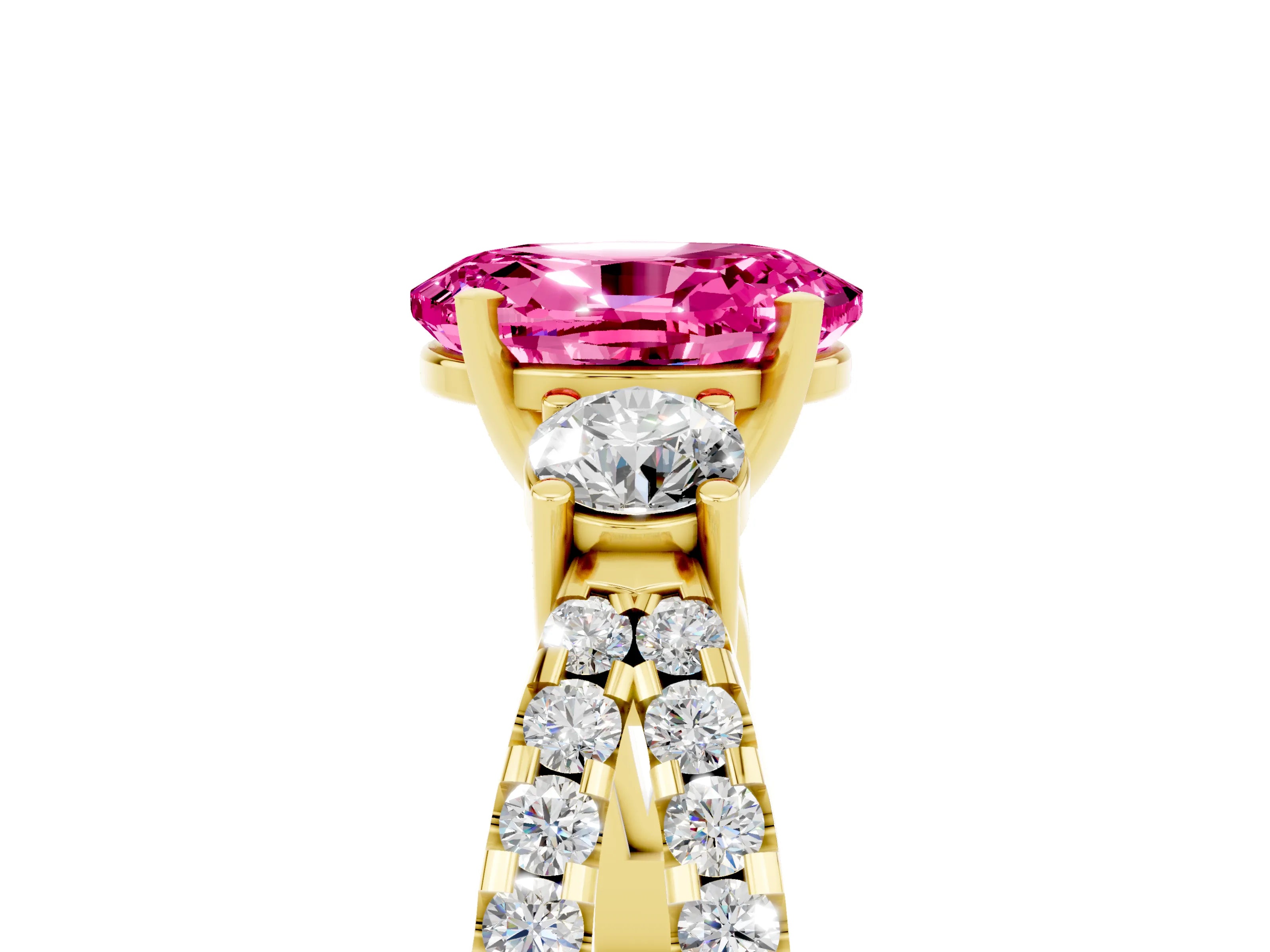 Yellow gold Oval Cut Pink Sapphire Three-Stone Ring with Pavé Split Shank and Four-Prong Setting_41