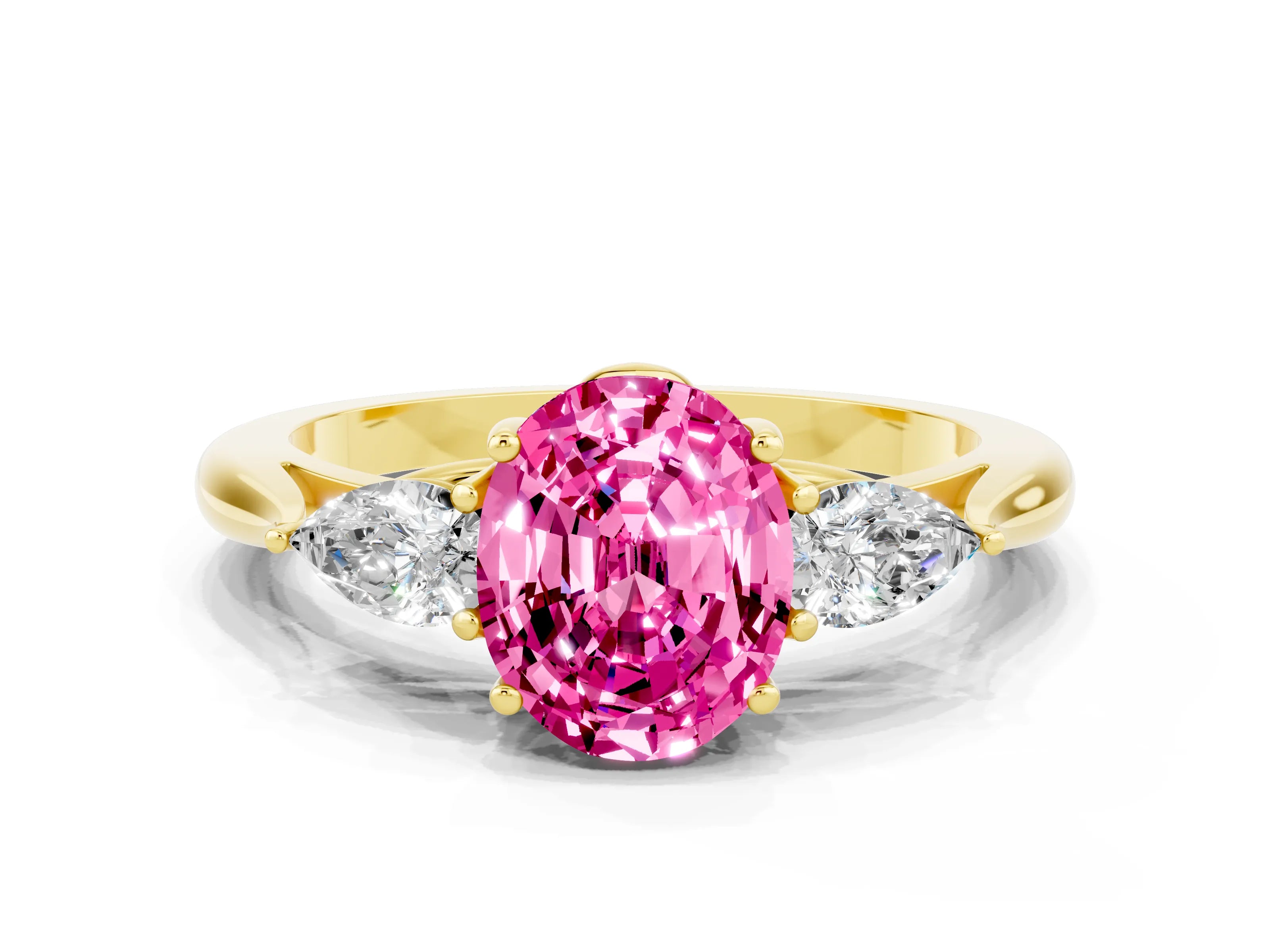 Yellow gold Oval Cut Pink Sapphire Three-Stone Ring with Pear Side Stones and Four-Prong Setting_12