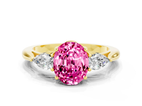 Yellow gold Oval Cut Pink Sapphire Three-Stone Ring with Pear  Side Stones and Prong Setting