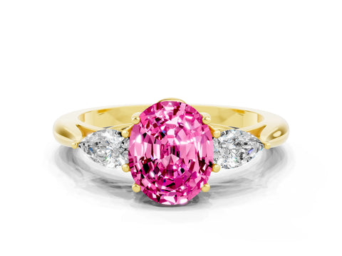Yellow gold Oval Cut Pink Sapphire Three-Stone Ring with Pear Side Stones and Four-Prong Setting_12