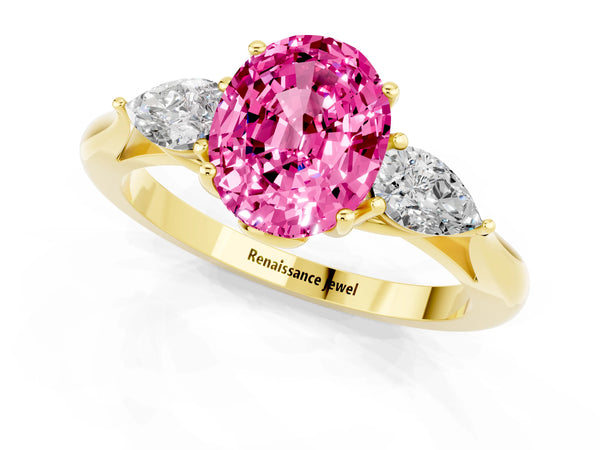 Yellow gold Oval Cut Pink Sapphire Three-Stone Ring with Pear  Side Stones and Prong Setting