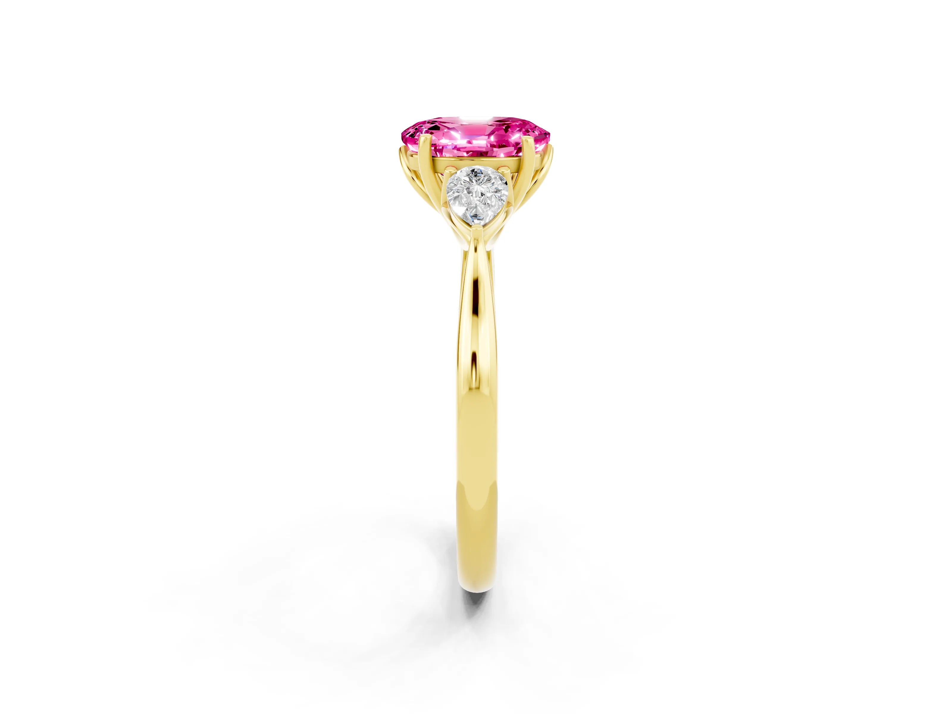 Yellow gold Oval Cut Pink Sapphire Three-Stone Ring with Pear Side Stones and Four-Prong Setting_14