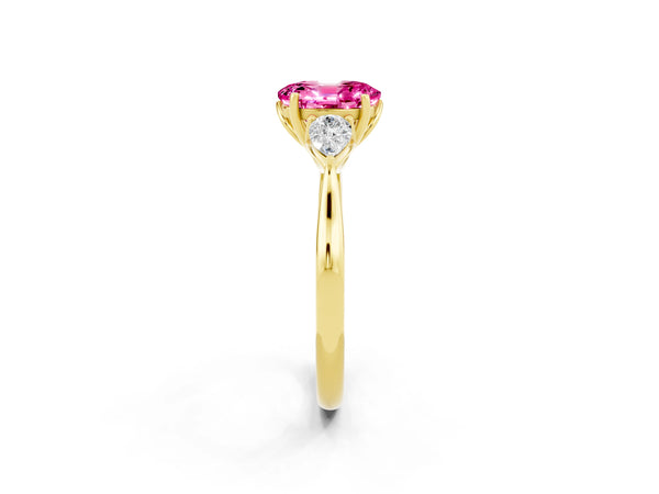 Yellow gold Oval Cut Pink Sapphire Three-Stone Ring with Pear  Side Stones and Prong Setting