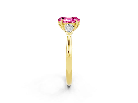 Yellow gold Oval Cut Pink Sapphire Three-Stone Ring with Pear Side Stones and Four-Prong Setting_14