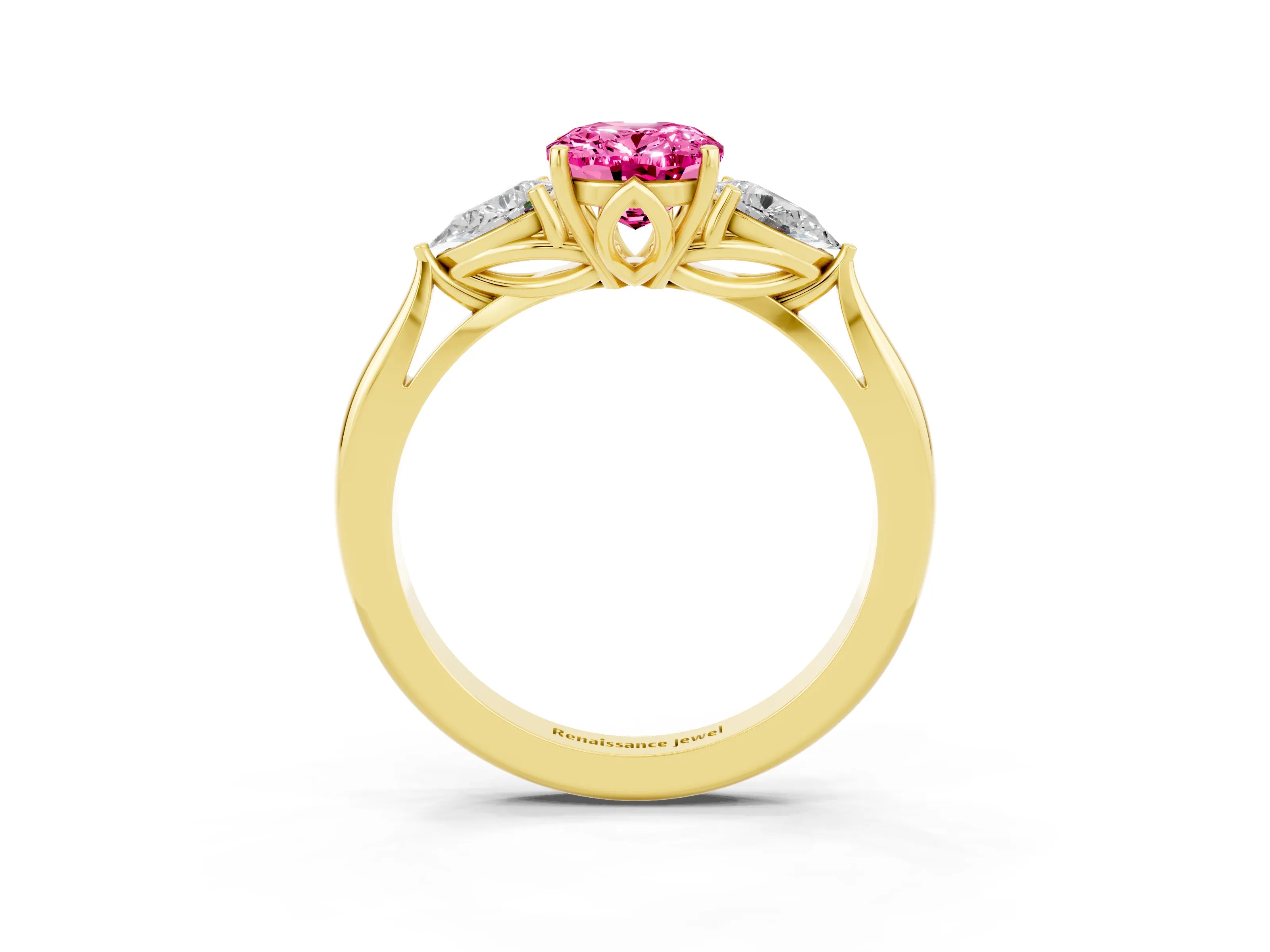 Yellow gold Oval Cut Pink Sapphire Three-Stone Ring with Pear Side Stones and Four-Prong Setting_15