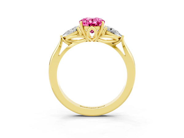 Yellow gold Oval Cut Pink Sapphire Three-Stone Ring with Pear  Side Stones and Prong Setting