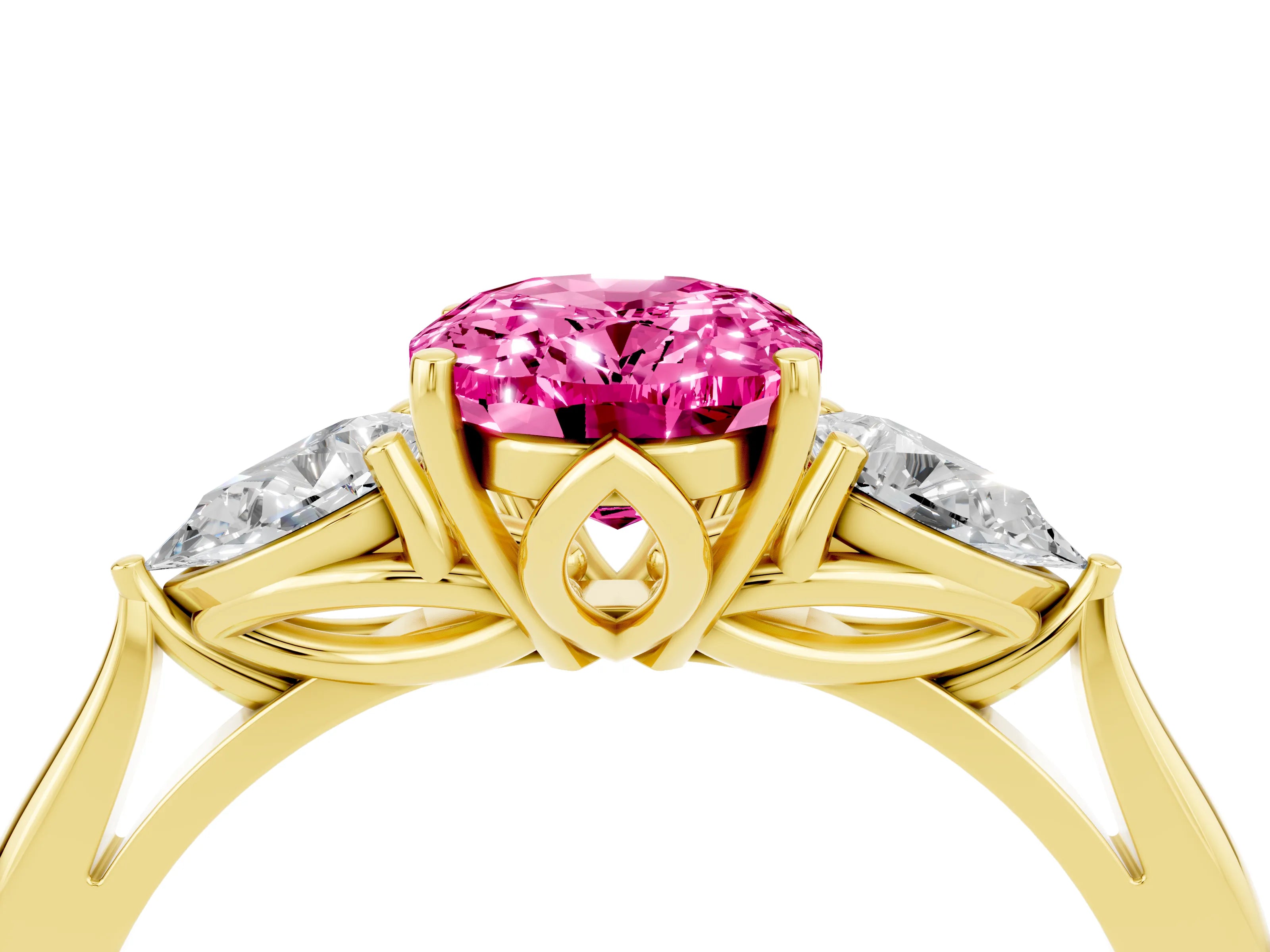Yellow gold Oval Cut Pink Sapphire Three-Stone Ring with Pear Side Stones and Four-Prong Setting_16