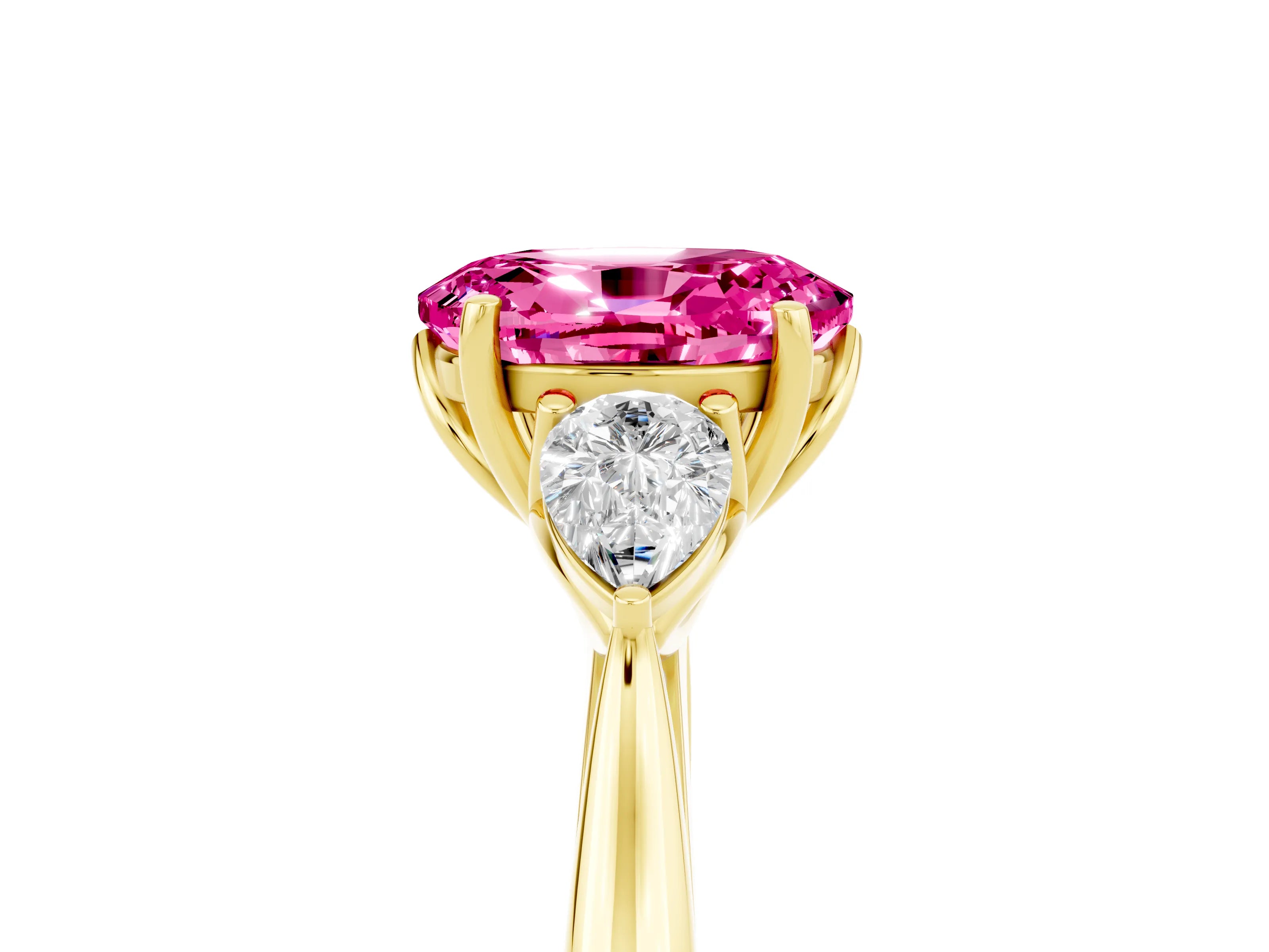 Yellow gold Oval Cut Pink Sapphire Three-Stone Ring with Pear Side Stones and Four-Prong Setting_17