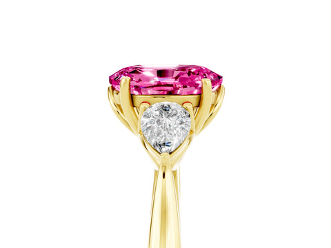 Yellow gold Oval Cut Pink Sapphire Three-Stone Ring with Pear Side Stones and Four-Prong Setting_17
