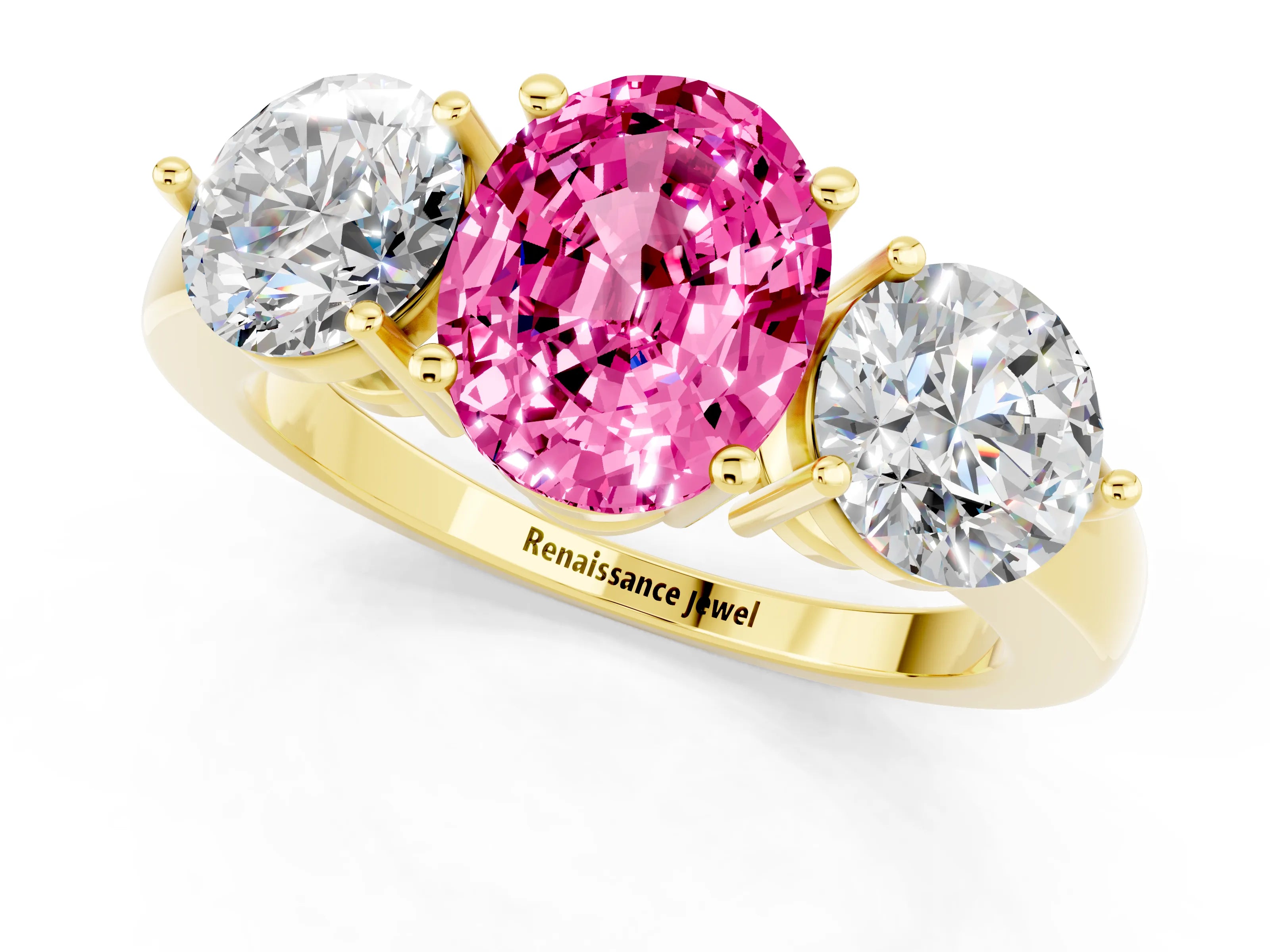 Yellow gold Oval Cut Pink Sapphire Three-Stone Ring with Prong Setting and Classic Band_1