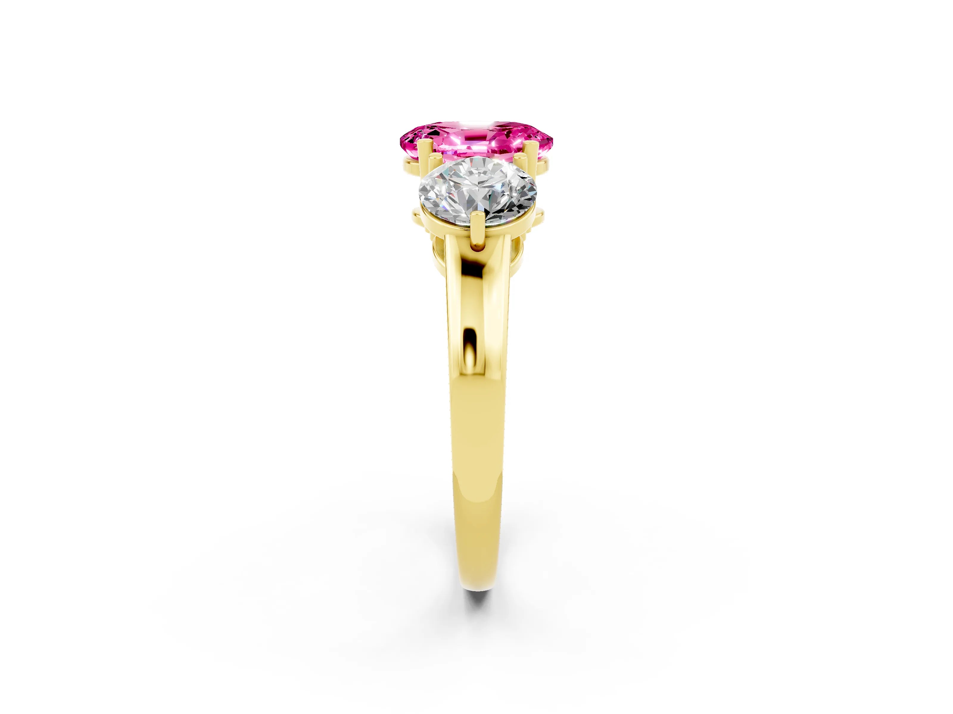 Yellow gold Oval Cut Pink Sapphire Three-Stone Ring with Prong Setting and Classic Band_2