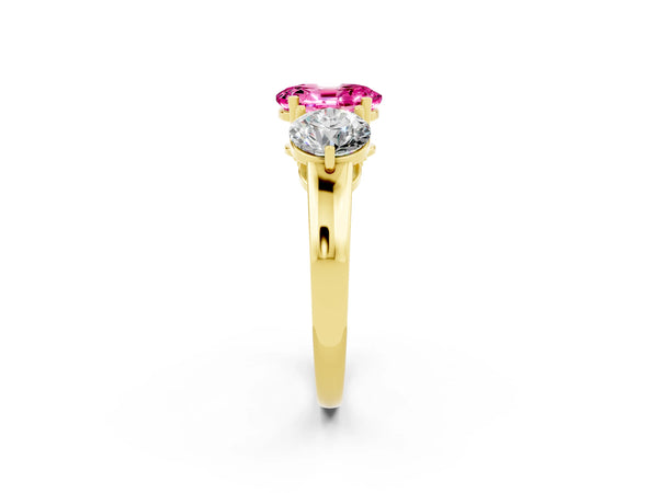 Yellow gold Oval Cut Pink Sapphire Three-Stone Ring with Prong Setting and Classic Band