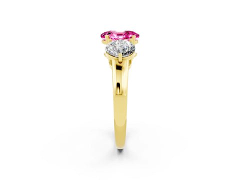 Yellow gold Oval Cut Pink Sapphire Three-Stone Ring with Prong Setting and Classic Band_2
