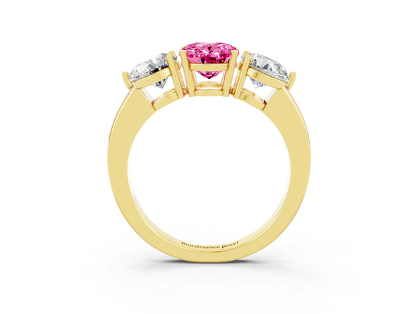 Yellow gold Oval Cut Pink Sapphire Three-Stone Ring with Prong Setting and Classic Band