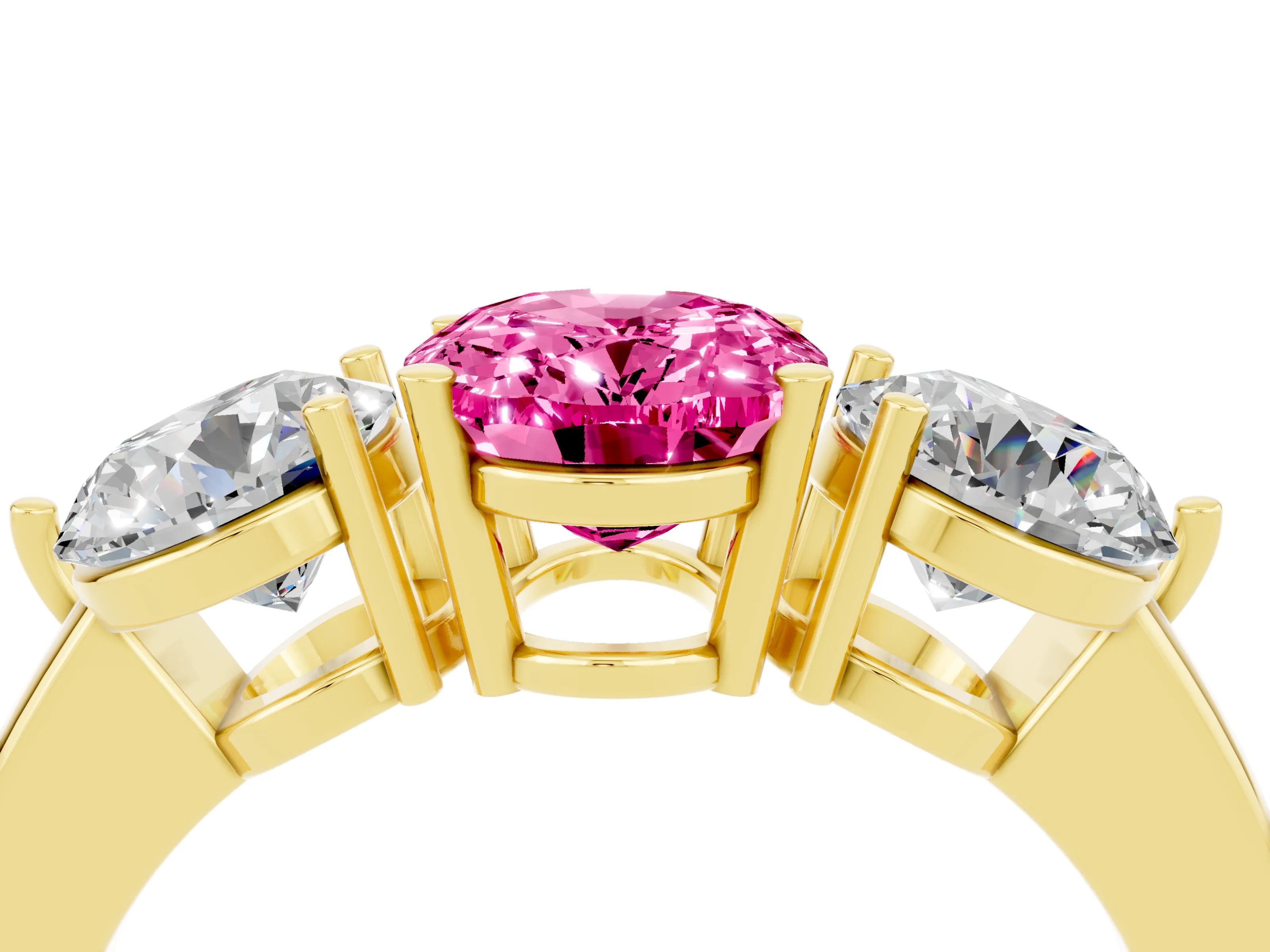 Yellow gold Oval Cut Pink Sapphire Three-Stone Ring with Prong Setting and Classic Band_4