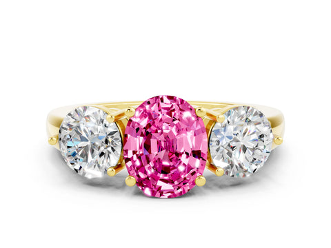 Yellow gold Oval Cut Pink Sapphire Three-Stone Ring with Prong Setting and Classic Band