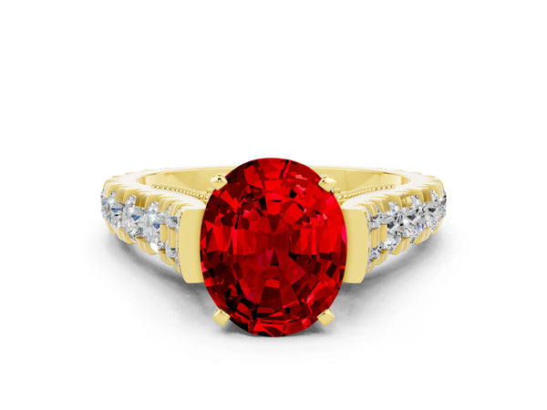 Yellow gold Oval Cut Ruby Classic Solitaire Ring with Pavé Band and Four-Prong Setting