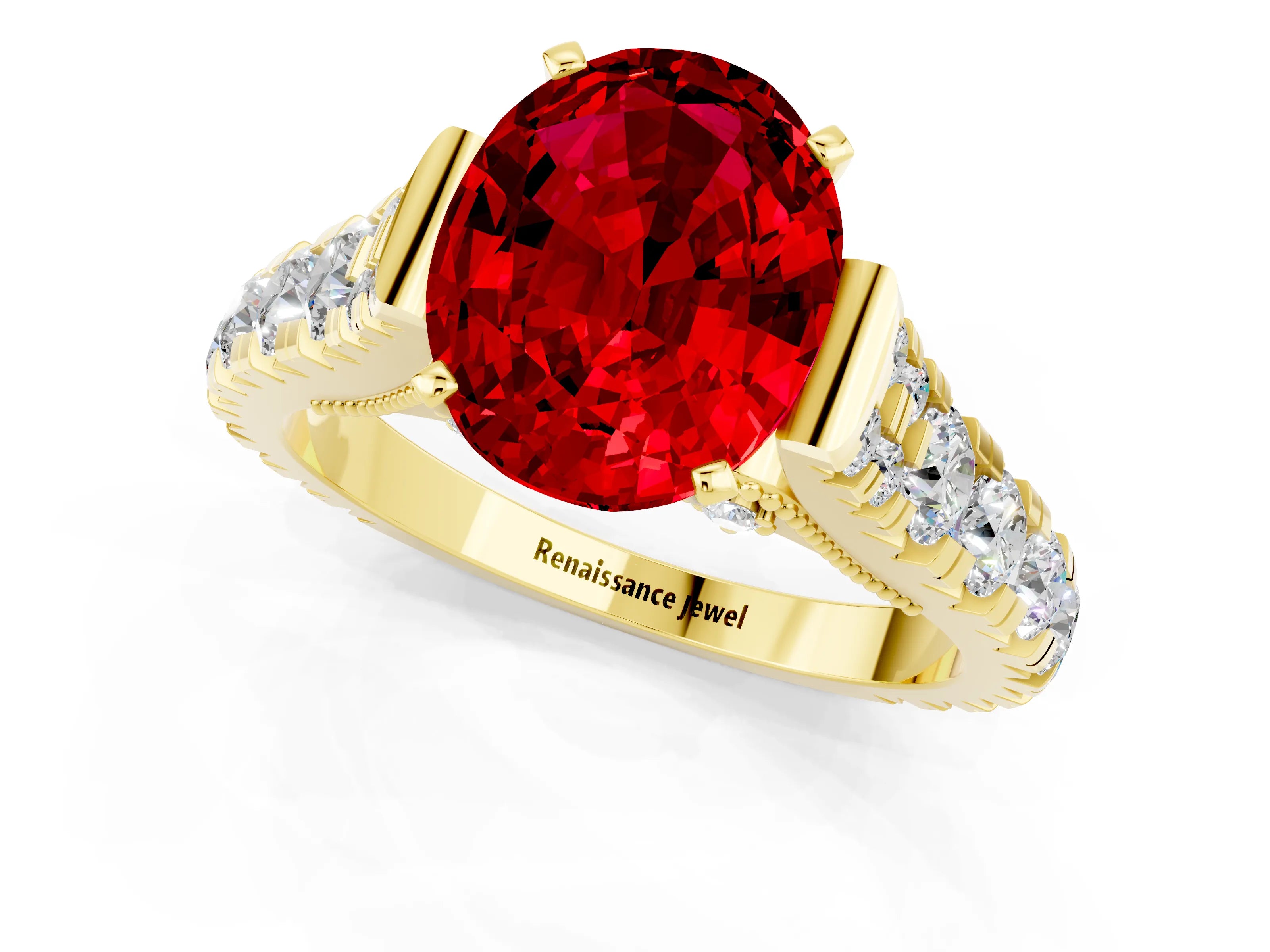 Yellow gold Oval Cut Ruby Classic Solitaire Ring with Pavé Band and Four-Prong Setting_1
