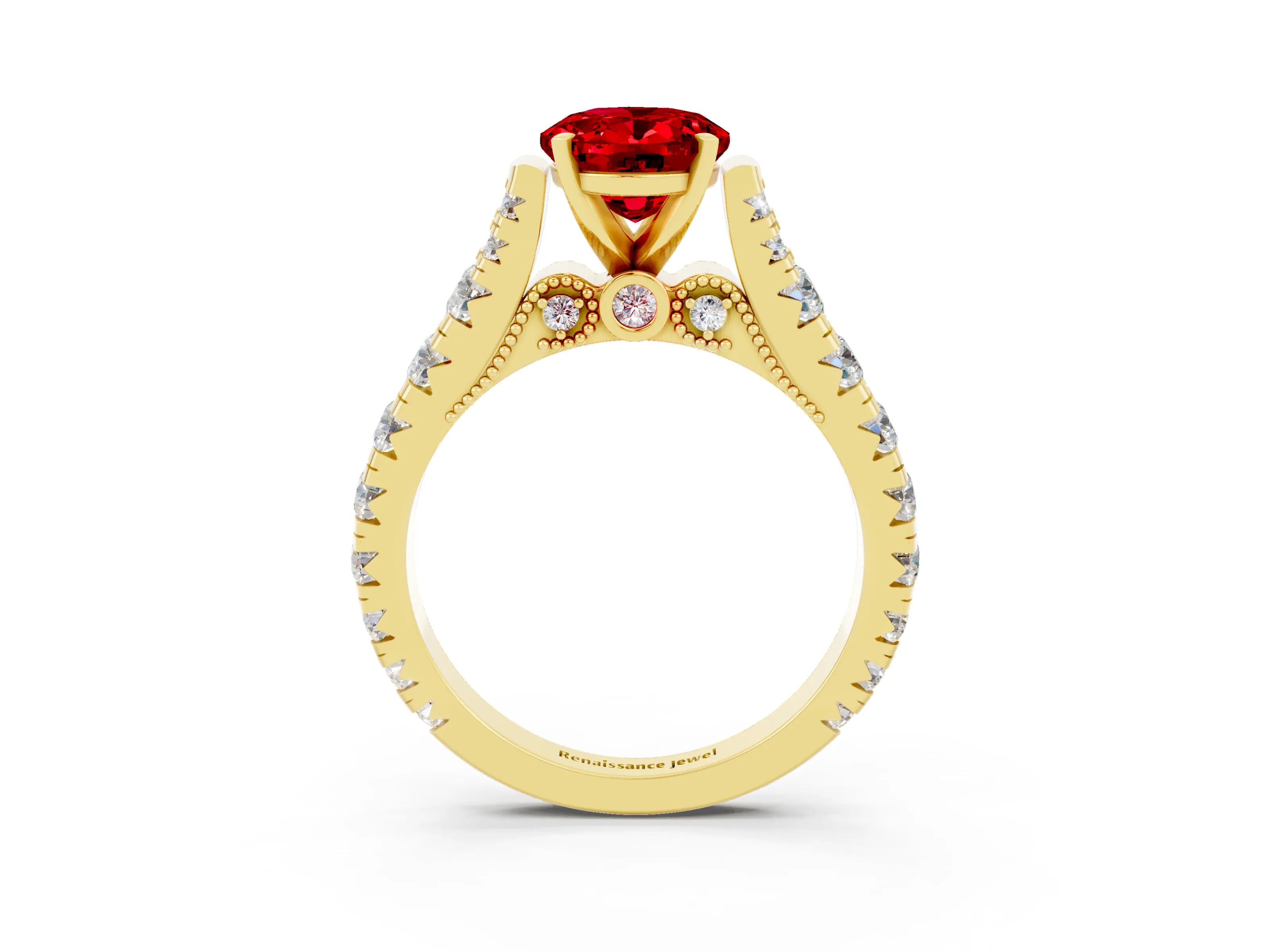 Yellow gold Oval Cut Ruby Classic Solitaire Ring with Pavé Band and Four-Prong Setting_3