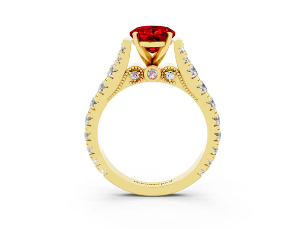 Yellow gold Oval Cut Ruby Classic Solitaire Ring with Pavé Band and Four-Prong Setting