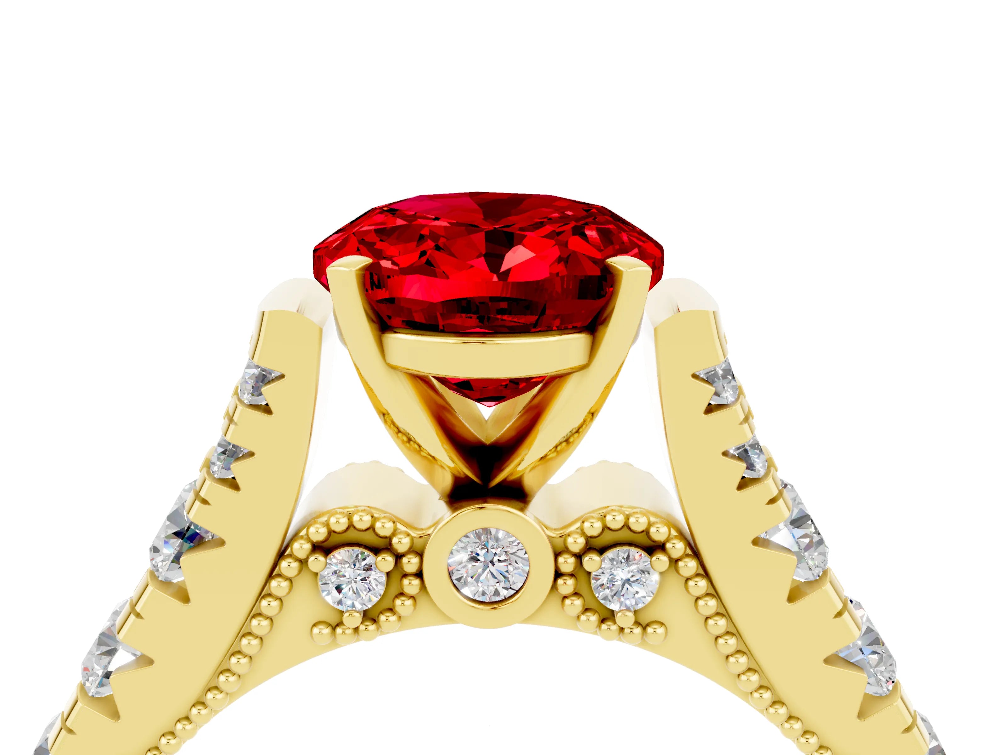 Yellow gold Oval Cut Ruby Classic Solitaire Ring with Pavé Band and Four-Prong Setting_4