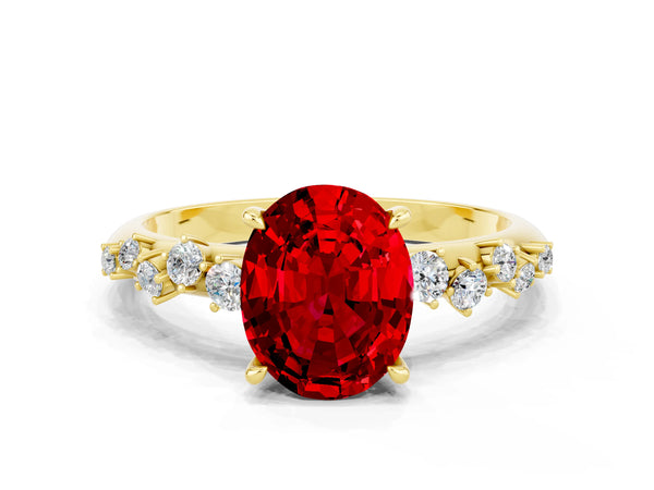 Yellow gold Oval Cut Ruby Cluster Side Stone Solitaire Ring with Prong Setting