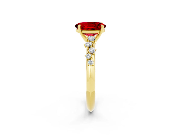 Yellow gold Oval Cut Ruby Cluster Side Stone Solitaire Ring with Prong Setting
